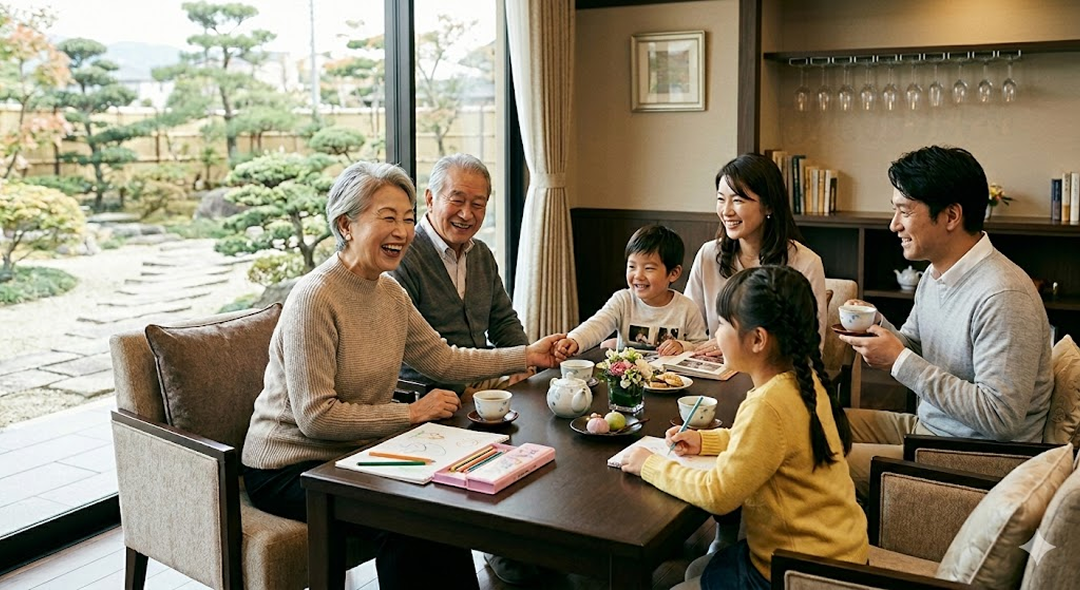 家族が老人ホームで一緒に過ごしている様子